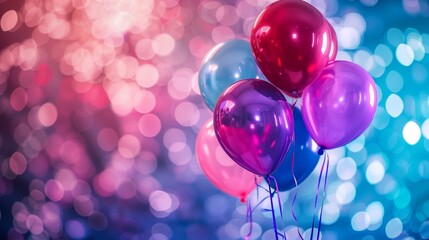 A blue and red balloons on an abstract background with bokeh with copy space.