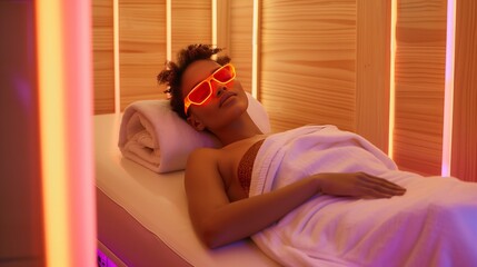 A dark skin woman in sunglasses lies on the bed in an infrared wooden cabin.