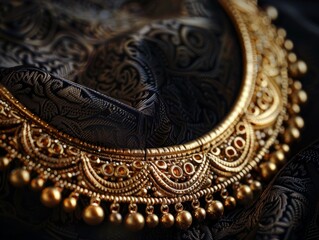 Macro shot of an elaborate golden necklace with detailed filigree work and beads, illustrating luxury and traditional jewelry design.