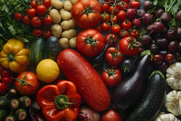 Bountiful Harvest of Diverse Organic Vegetables and Fruits Artfully Arranged on a Rustic Surface
