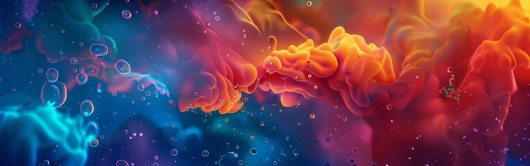 Abstract background of orange and blue, colorful liquid flowing in the air with bubbles.