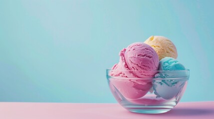 Colorful ice cream balls in a glass bowl, blue background. Copy space.