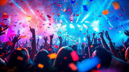 A crowd of people are celebrating with confetti falling around them and colored lights