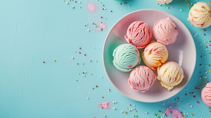 Colorful balls of ice cream in a bowl on a blue background, top view. Copy space.