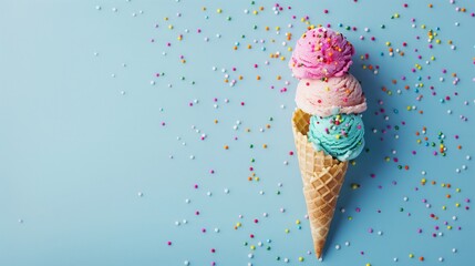 Cone with a colorful balls of ice cream on a blue background, top view, copy space.