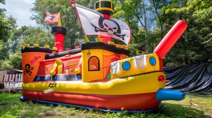 Inflatable castle in the shape of a pirate ship. Outdoor game for children. Fun for boys and girls....