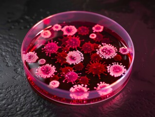 Macro of a petri dish with vivid red and pink representations of viruses, highlighting themes of virology and medical research.