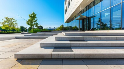 Architecture and Exterior of Front Steps and a Platform at the Main Entrance to Large Modern Building.
