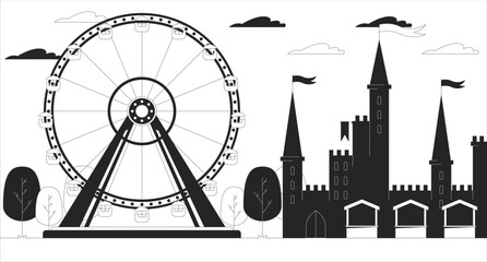 Amusement park attractions black and white line illustration. Ferris wheel and fairy tale castle 2D landscape monochrome background. Theme park for children and adults outline scene vector image