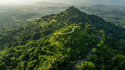 Aerial view of green forest in tropical. Viewpoint on the mountain. Road path hidden in the forest. At Wat Chaloem Phra Kiat Phrachomklao Rachanusorn Lampang Thailand.