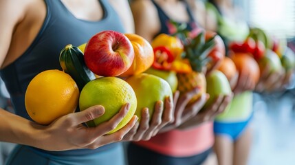 Women holding a variety of fresh fruits, promoting a healthy lifestyle and natural sugars.