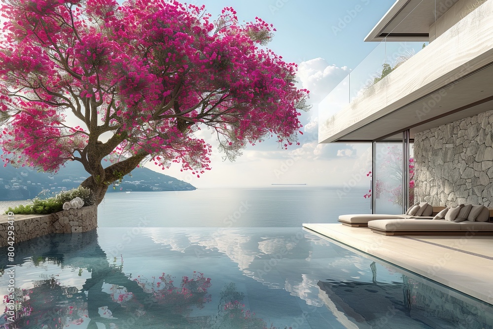 Poster a pink tree stands in front of a swimming pool, creating a colorful contrast against the blue water