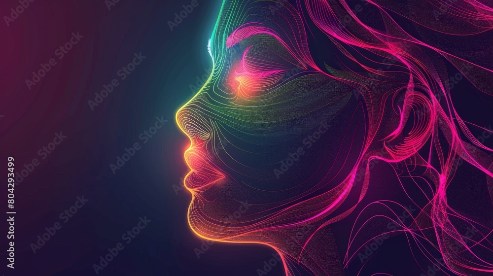 Poster a womans face is featured in the foreground with neon lights glowing in the background, creating a v