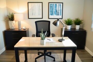 A well organized home office with a sleek desk comfortable chair.