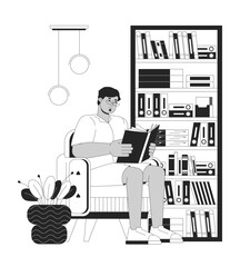 Obese arab man reading book black and white cartoon flat illustration. Plus sized middle eastern male in library 2D lineart character isolated. Body positive monochrome scene vector outline image
