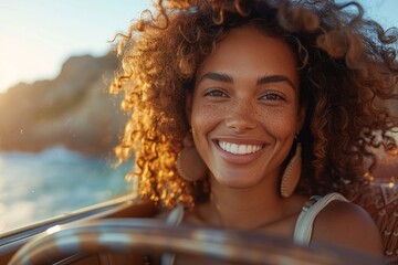 Smiling curly-haired woman driving and enjoying a coastal drive - Powered by Adobe
