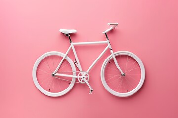 White bicycle symbol in a minimal style on a pink background top view .