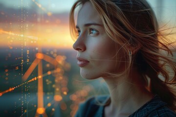A woman looks over a cityscape, her face obscured, with a digital data overlay suggesting themes of connectivity and technology