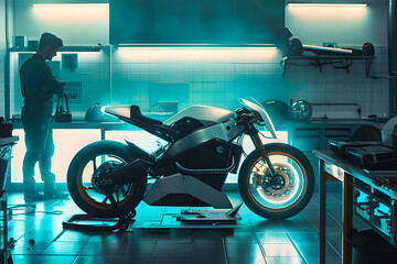 A bike customizer in a workshop, showcasing a retro-futuristic electric motorcycle, set against an innovation teal background