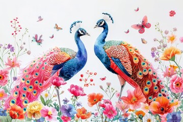 Two Peacocks in a Field of Flowers
