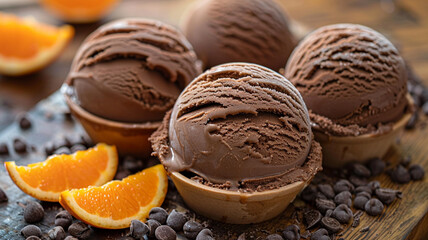 a tray of chocolate ice creams with orange slices and blueberries. generativa IA