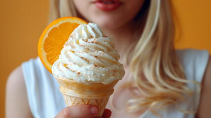 a woman is holding an ice cream cone with an orange slice on it. generativa IA