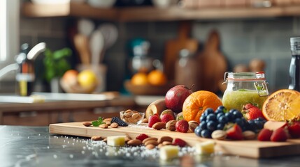 Modern kitchen scene with a variety of fresh fruits and healthy snacks.