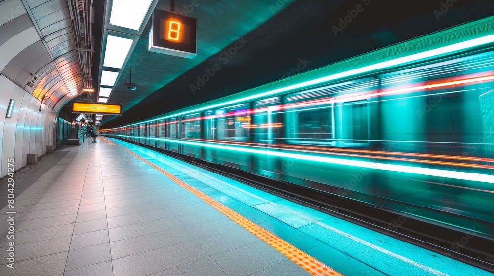 Poster train traveling through train station next to loading platform