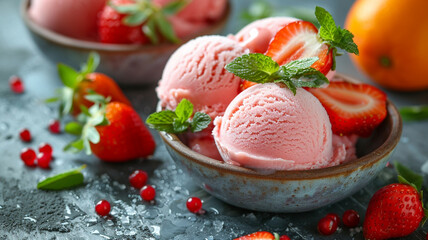 a bowl of ice cream with strawberries and mint leaves.
generativa IA