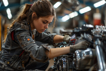 A brunette woman repairing a motorcycle at a garage