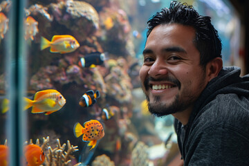A man with a beard smiling at an aquarium