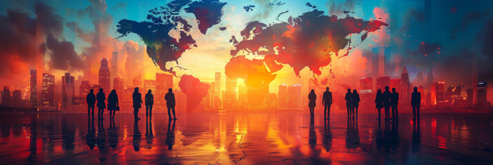 Global business concept with group of people on background of city skyline  with earth map and sunlight, illustration