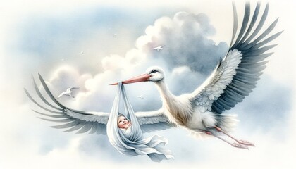 Stork carries new born baby in the sky, clouds, infant, family, happiness, baby born, symbol, invitation caard, greeting card, watercolor illustration