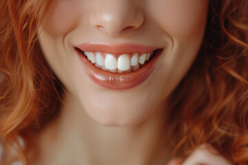 Obraz premium The smile of a woman with red hair and white teeth close-up