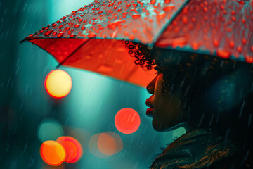 A young  woman looking sideways under a red umbrella on a rainy day, bokeh lights in the background
