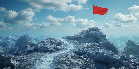 Red Flag Fluttering Atop Mountain Peak, Flag on the mountain peak meaning overcoming difficult


