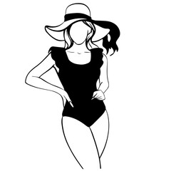black and white silhouette of a woman in a swimsuit and a hat on the beach