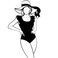 black and white silhouette of a woman in a swimsuit and a hat on the beach