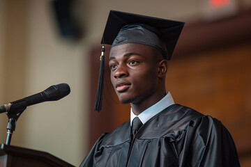 A young black male valedictorian giving a college graduation speech while wearing the traditional cap and gown