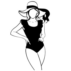 black and white silhouette of a woman in a swimsuit and a hat on the beach