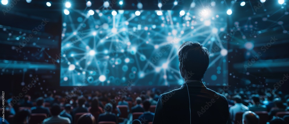 Poster live event: a keynote speaker presents a new product, discusses neural networks, demonstrates an ai,