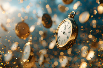 Time is money concept. a pocket watch and golden glitter flying through the air