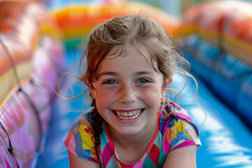 A young girl smiling while lying on a bouncy castle