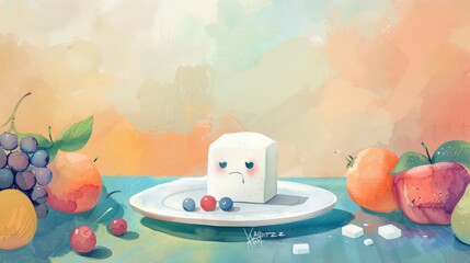 Cute sugar cube character with fruits, in a whimsical, pastel-toned scene. - obrazy, fototapety, plakaty