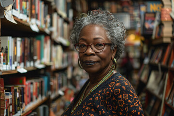 Portrait of a senior black woman in a bookshop, bookshop owner