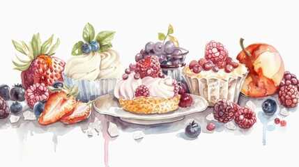 Elegant watercolor of desserts and fruits, showcasing artistic culinary representation. - obrazy, fototapety, plakaty