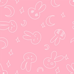 Pattern with different emotion rabbits in pink. Vector illustration