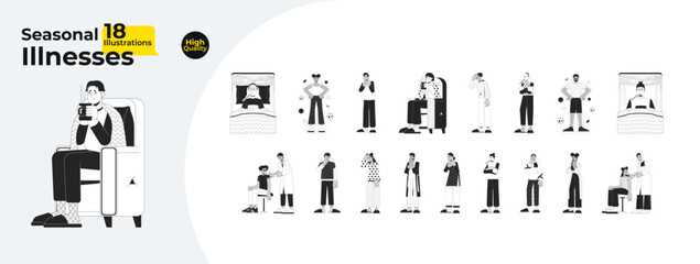 Seasonal illnesses black and white cartoon flat illustration bundle. Diverse people sick cold 2D lineart characters isolated. Winter sickness symptoms monochrome vector outline image collection