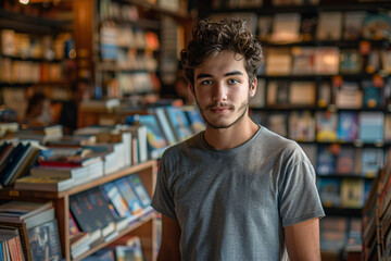 Portrait of a young man working at a bookstore, bookshelves in the background