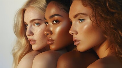 Obraz premium beautiful models rest their heads one on top of the other, a portrait with a shoulder part, their heads completely in the frame, with a wonderfully realistic skin.